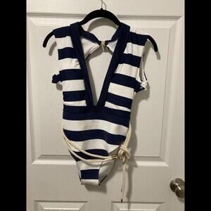 River Island Navy/White Striped Swimsuit - Plunge Halter, Rope Belt, US 8